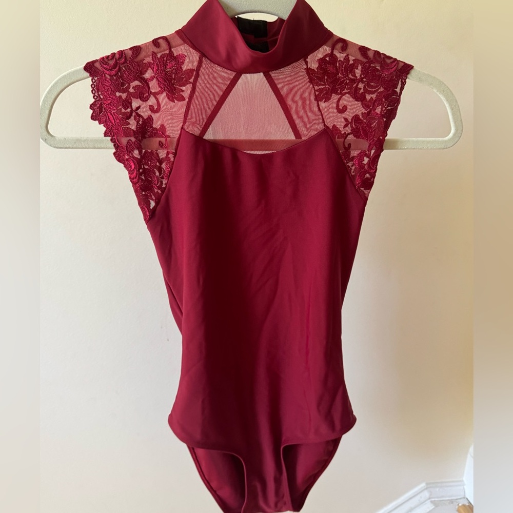 Ballet Rosa lace Burgundy red cap sleeve low back dance leotard bodysuit sz s